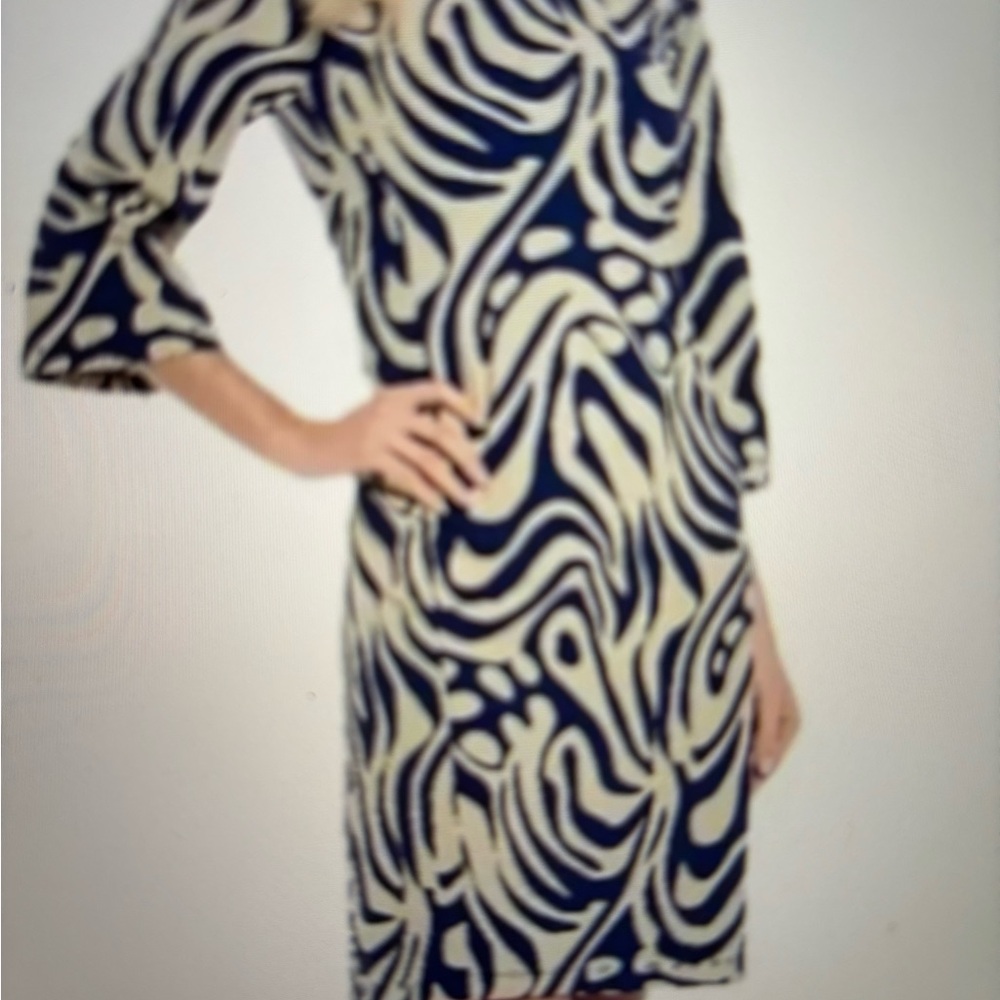 J. McLaughlin Navy and Tan Campbell 3/4 Sleeve Dress in Puddle Print- Sz S